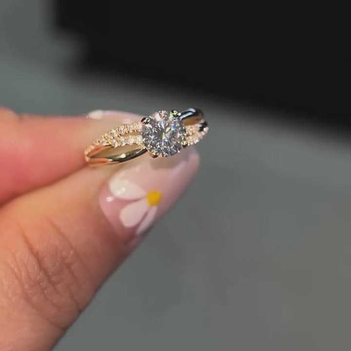 Round Cut Diamond White Sterling Silver Yellow Gold Twisted Engagement Ring