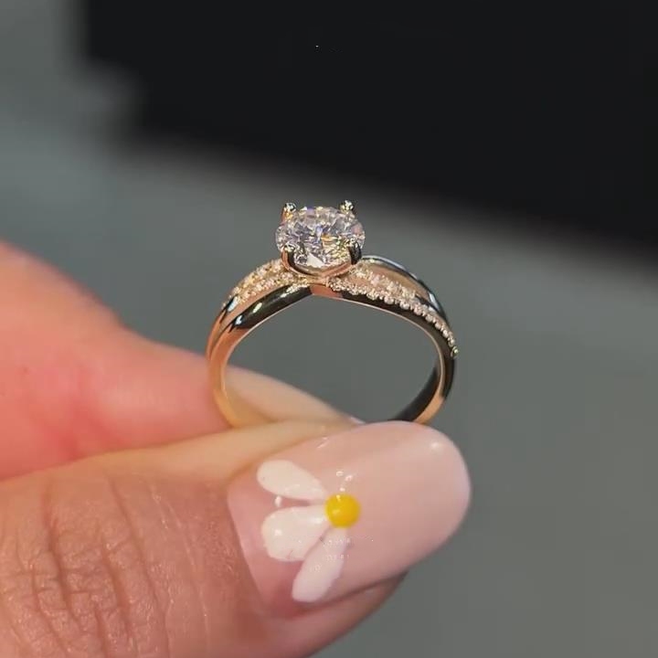 Round Cut Diamond White Sterling Silver Yellow Gold Twisted Engagement Ring