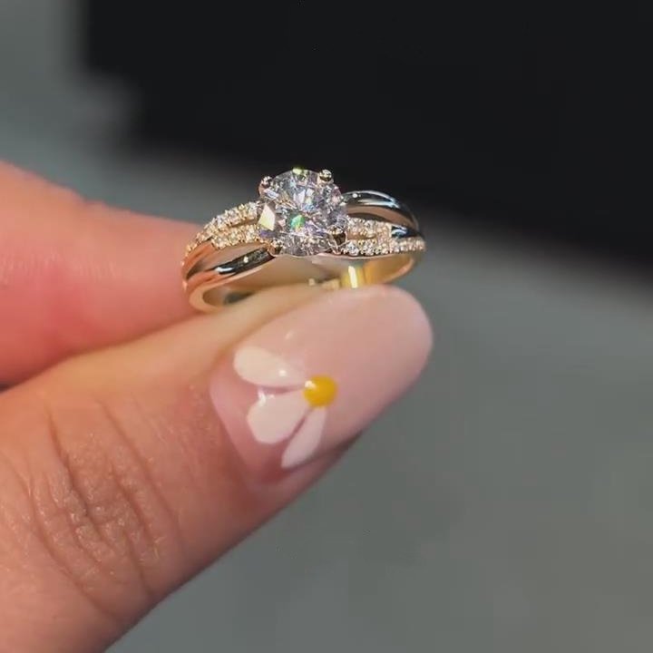 Round Cut Diamond White Sterling Silver Yellow Gold Twisted Engagement Ring