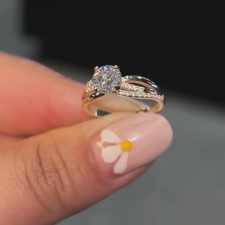 Round Cut Diamond White Sterling Silver Yellow Gold Twisted Engagement Ring