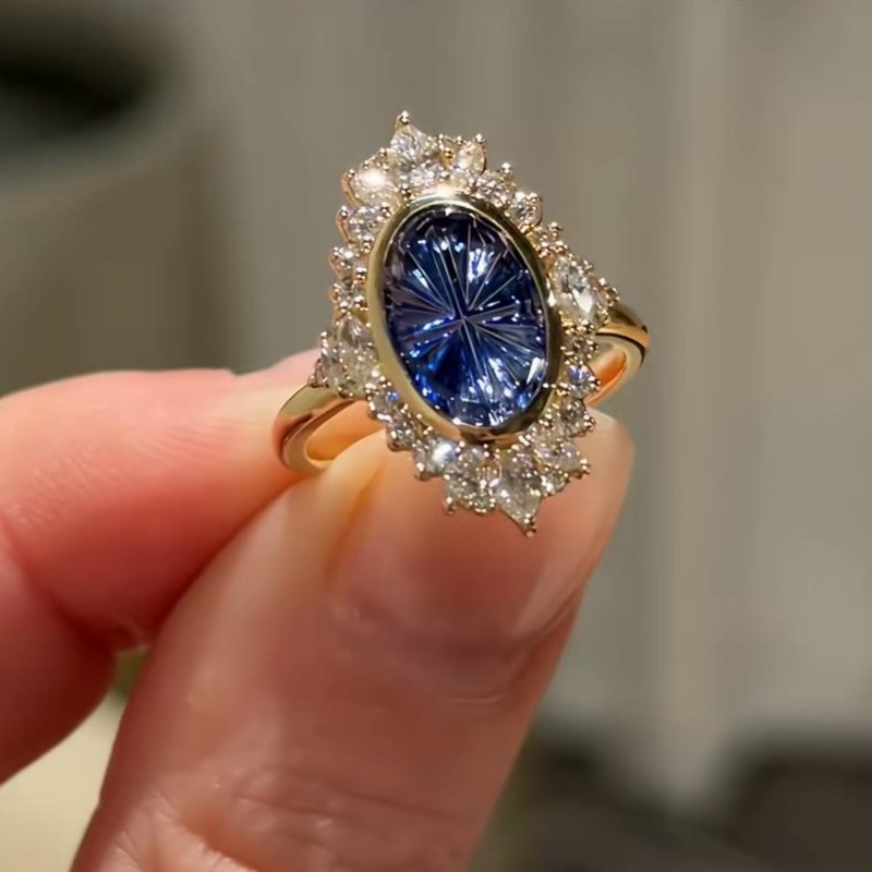 Oval Cut Sapphire Blue 925 Sterling Silver Yellow Gold Vintage Halo Engagement Ring