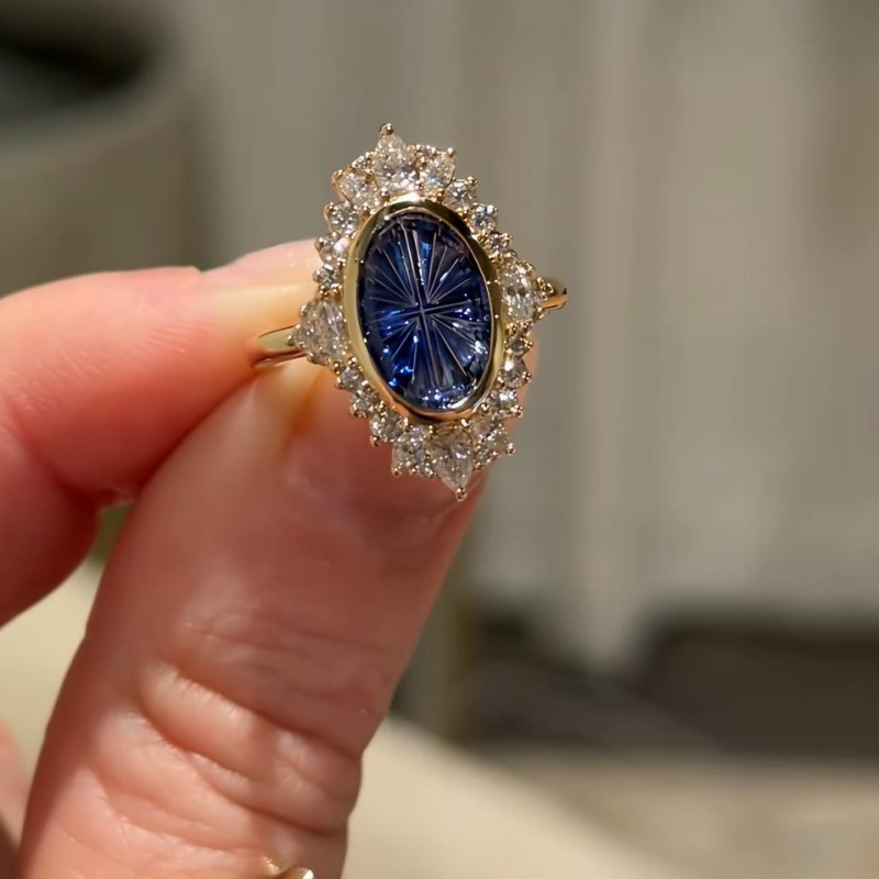 Oval Cut Sapphire Blue 925 Sterling Silver Yellow Gold Vintage Halo Engagement Ring