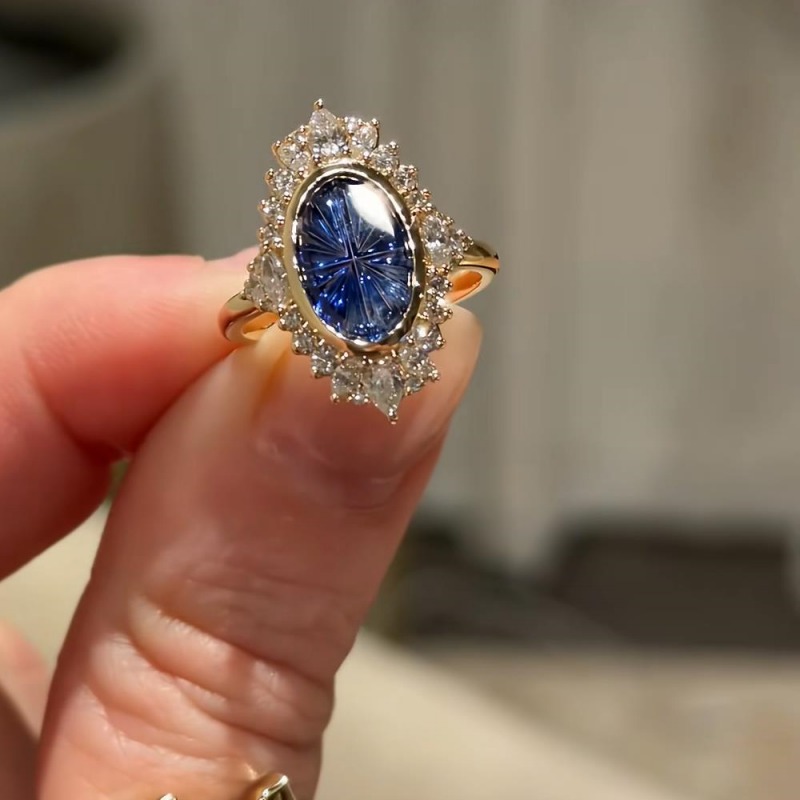 Oval Cut Sapphire Blue 925 Sterling Silver Yellow Gold Vintage Halo Engagement Ring