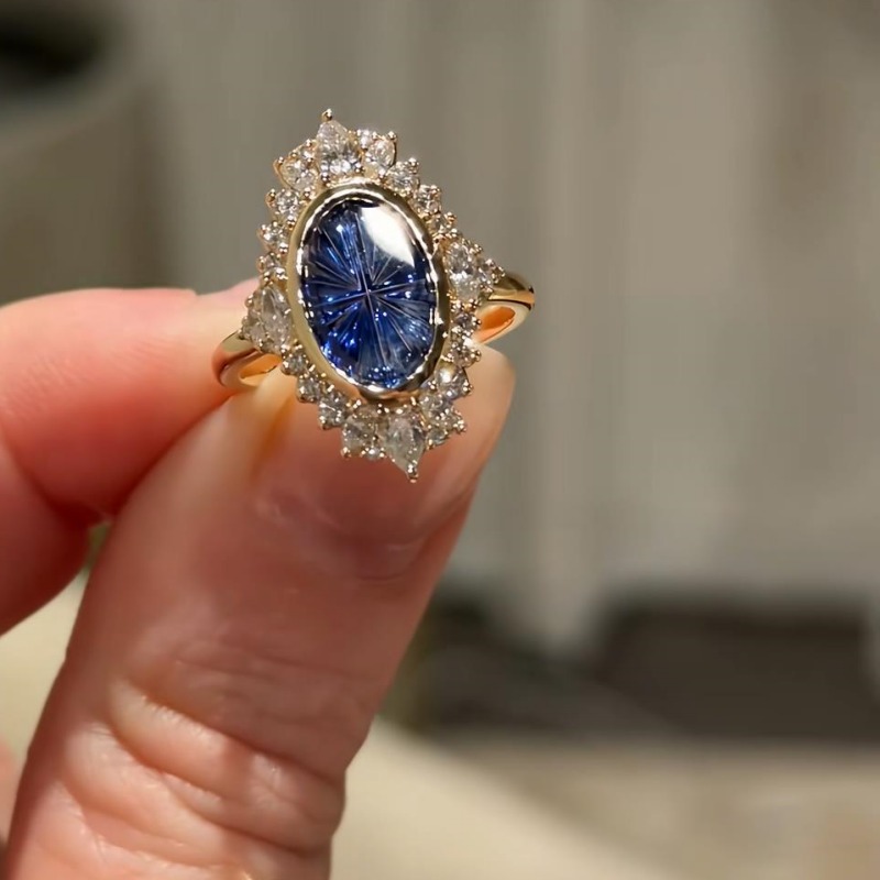 Oval Cut Sapphire Blue 925 Sterling Silver Yellow Gold Vintage Halo Engagement Ring