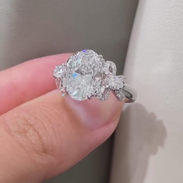 Oval Cut Diamond White 925 Sterling Silver Bow Engagement Ring