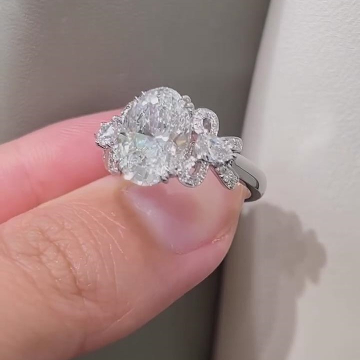 Oval Cut Diamond White 925 Sterling Silver Bow Engagement Ring