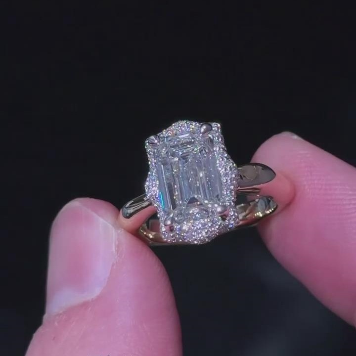 Vintage Emerald Cut Diamond White 925 Sterling Silver Yellow Gold Halo Engagement Ring