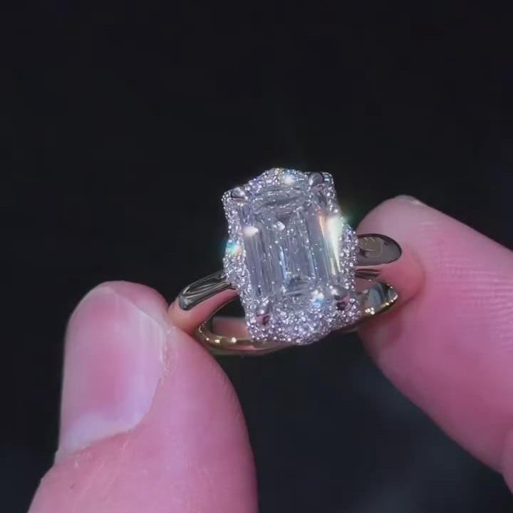 Vintage Emerald Cut Diamond White 925 Sterling Silver Yellow Gold Halo Engagement Ring