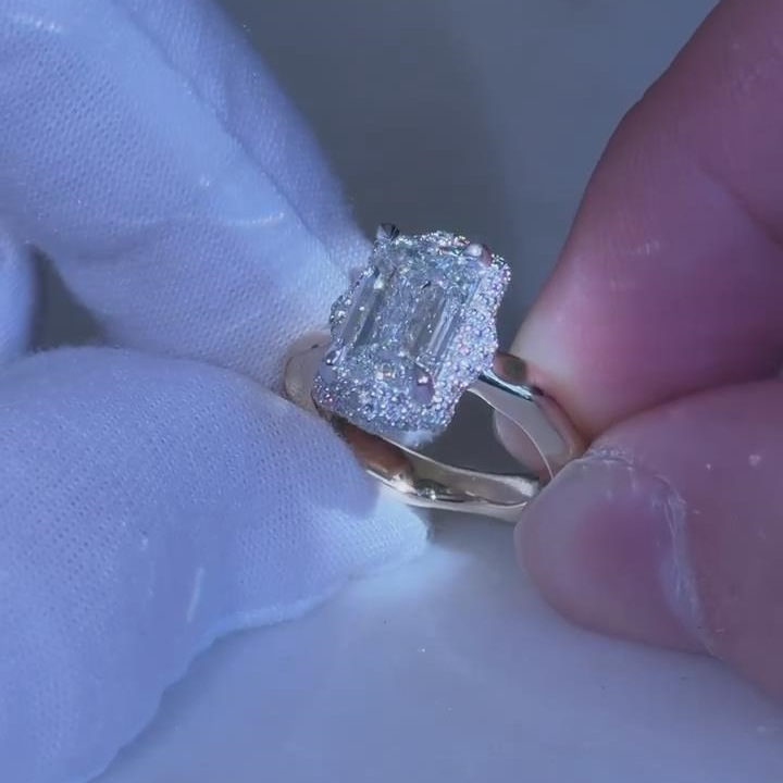 Vintage Emerald Cut Diamond White 925 Sterling Silver Yellow Gold Halo Engagement Ring