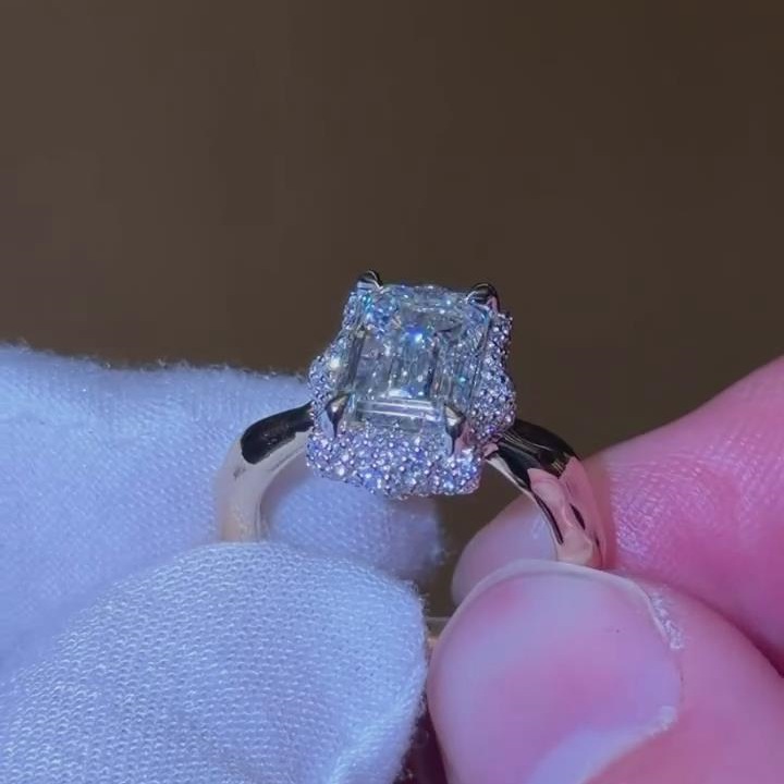Vintage Emerald Cut Diamond White 925 Sterling Silver Yellow Gold Halo Engagement Ring