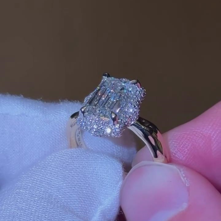 Vintage Emerald Cut Diamond White 925 Sterling Silver Yellow Gold Halo Engagement Ring