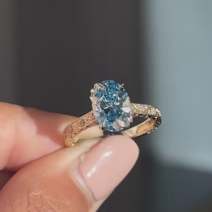 Oval Cut Aquamarine Blue Sterling Silver Yellow Gold Vintage Leaf Engagement Ring