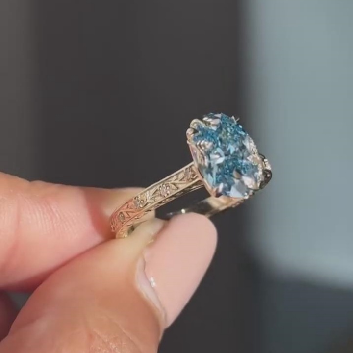 Oval Cut Aquamarine Blue Sterling Silver Yellow Gold Vintage Leaf Engagement Ring