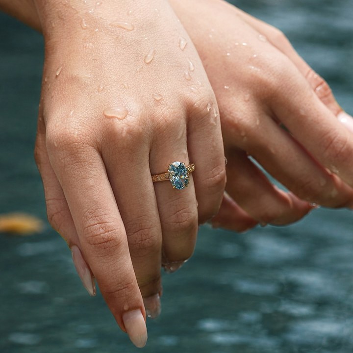 Oval Cut Aquamarine Blue Sterling Silver Yellow Gold Vintage Leaf Engagement Ring