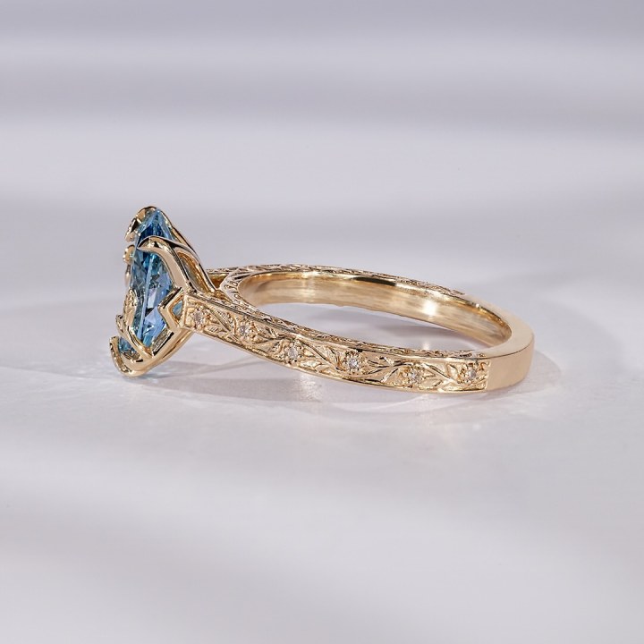 Oval Cut Aquamarine Blue Sterling Silver Yellow Gold Vintage Leaf Engagement Ring