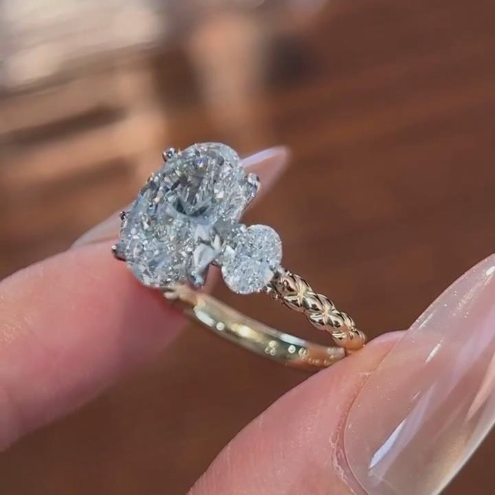 Oval Cut Diamond White Sterling Silver Yellow Gold 3-Stone Twisted Engagement Ring