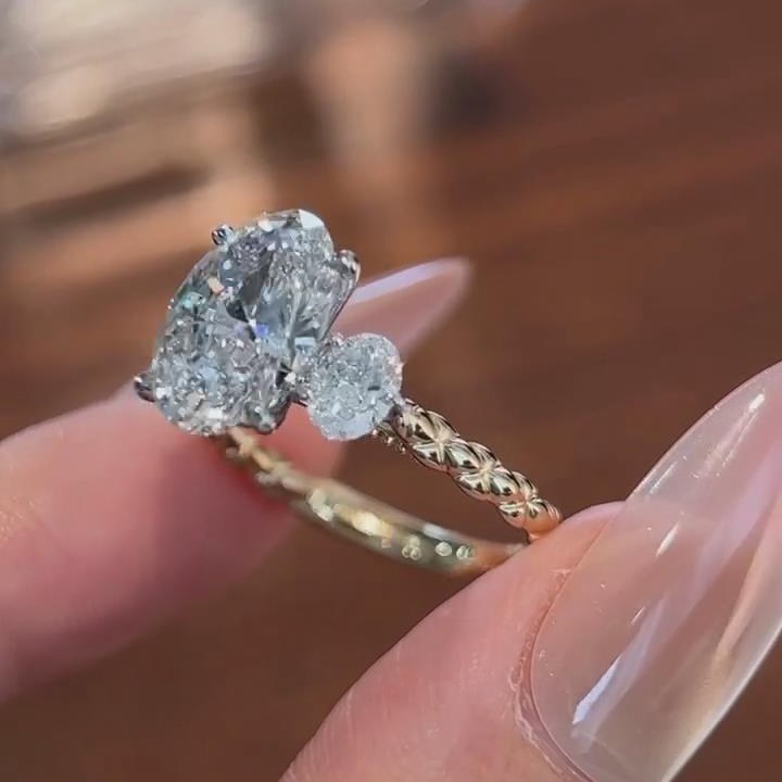 Oval Cut Diamond White Sterling Silver Yellow Gold 3-Stone Twisted Engagement Ring