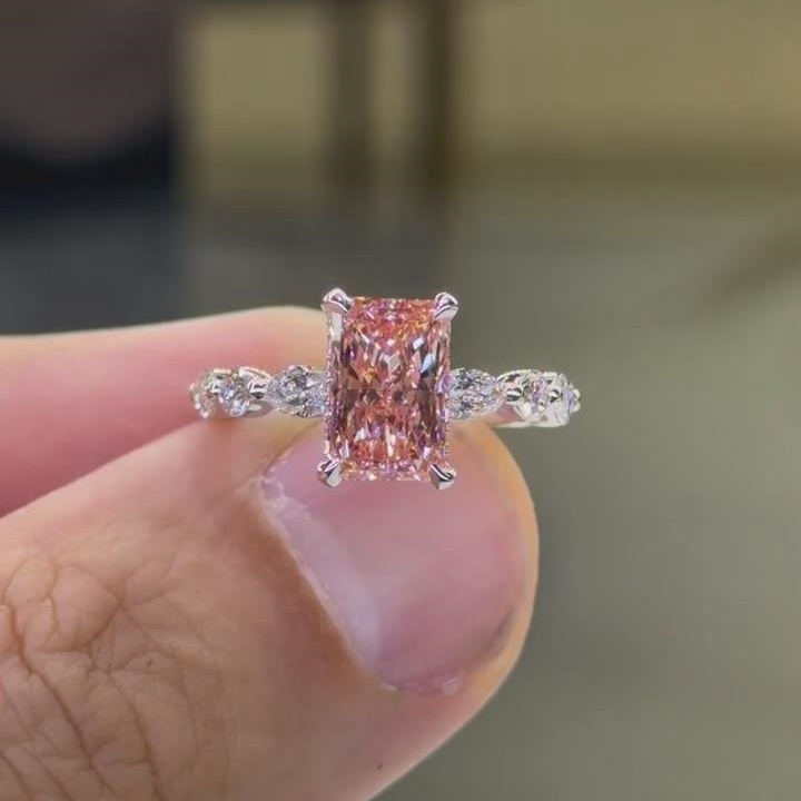 Radiant Cut Fancy Pink Sterling Silver Engagement Ring