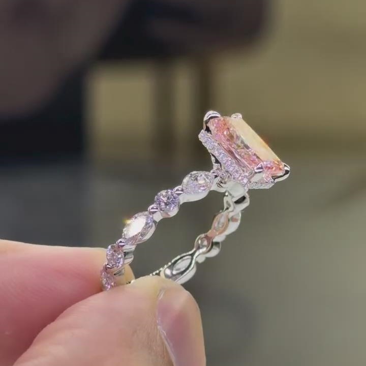 Radiant Cut Fancy Pink Sterling Silver Engagement Ring