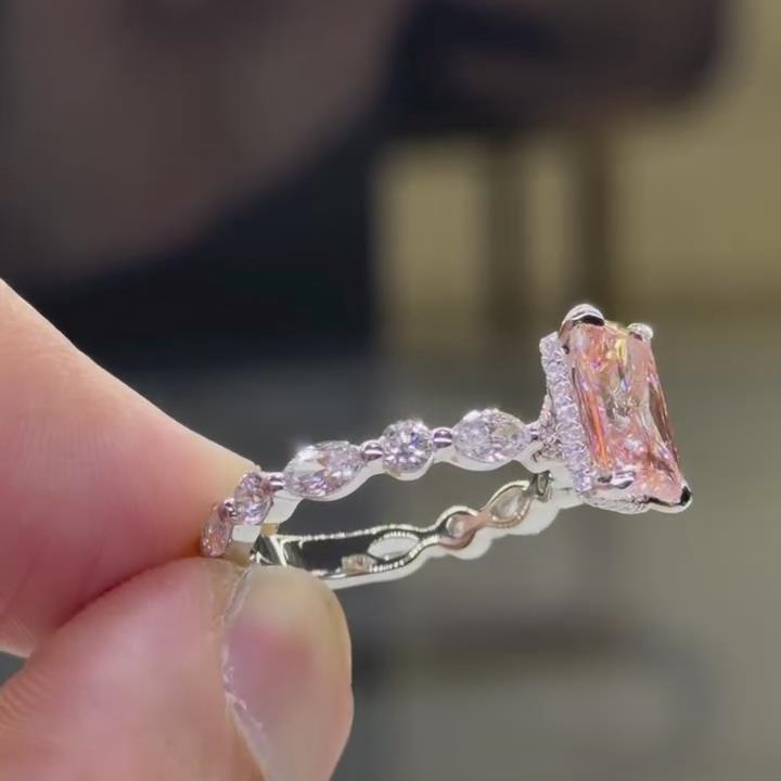 Radiant Cut Fancy Pink Sterling Silver Engagement Ring