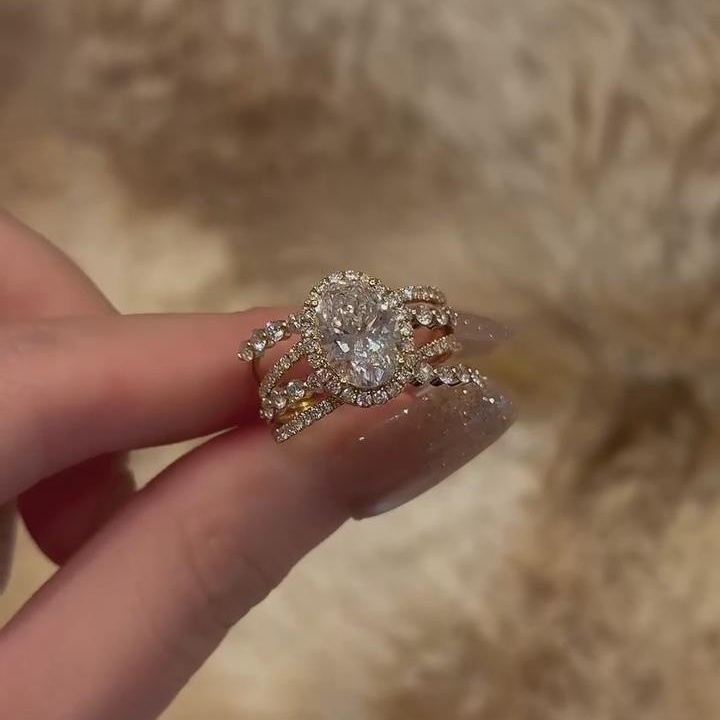 Oval Cut Diamond White Sterling Silver Yellow Gold Halo Engagement Ring