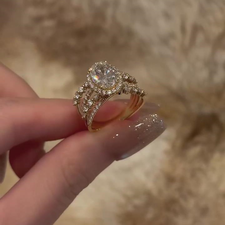 Oval Cut Diamond White Sterling Silver Yellow Gold Halo Engagement Ring