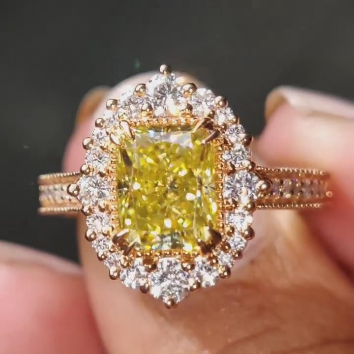 Radiant Cut Citrine Yellow Sterling Silver Rose Gold Halo Engagement Ring