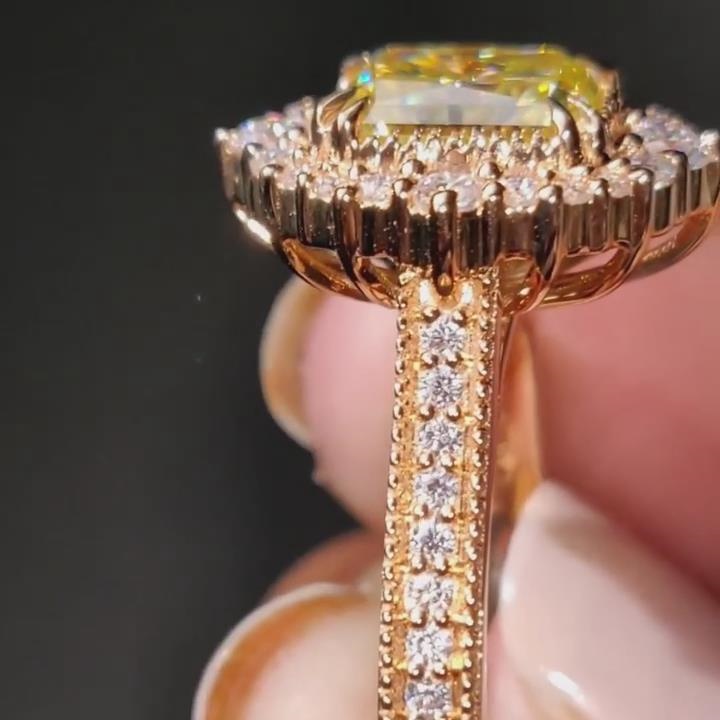 Radiant Cut Citrine Yellow Sterling Silver Rose Gold Halo Engagement Ring
