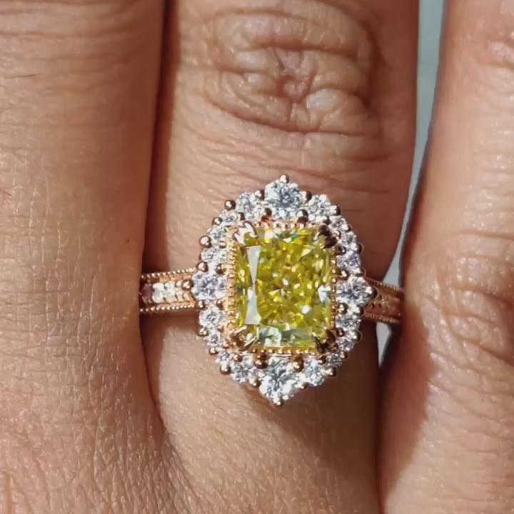 Radiant Cut Citrine Yellow Sterling Silver Rose Gold Halo Engagement Ring