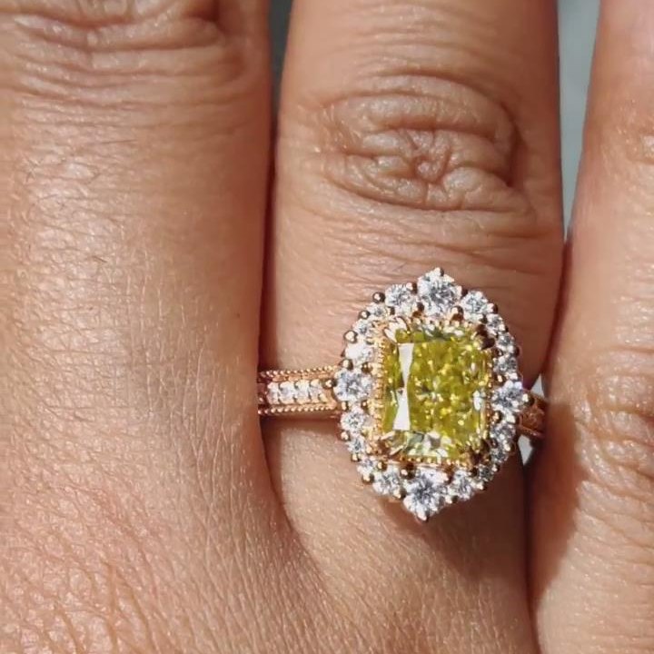 Radiant Cut Citrine Yellow Sterling Silver Rose Gold Halo Engagement Ring