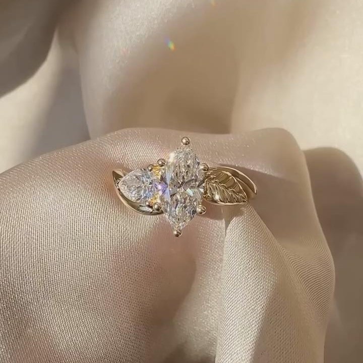 Marquise Cut Diamond White Sterling Silver Yellow Gold Leaf Engagement Ring