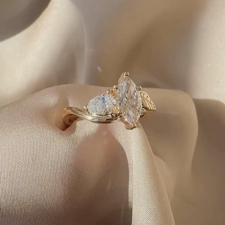 Marquise Cut Diamond White Sterling Silver Yellow Gold Leaf Engagement Ring