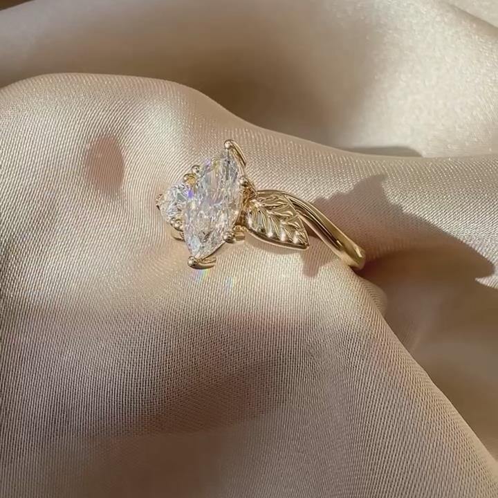 Marquise Cut Diamond White Sterling Silver Yellow Gold Leaf Engagement Ring