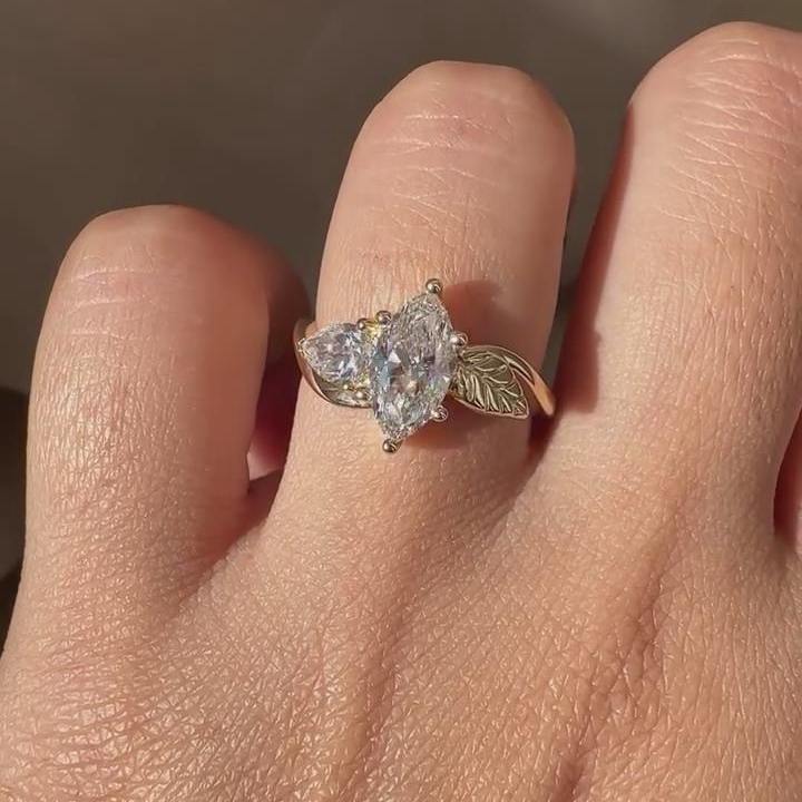 Marquise Cut Diamond White Sterling Silver Yellow Gold Leaf Engagement Ring