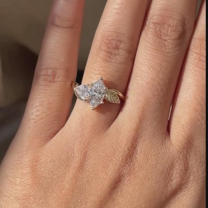 Marquise Cut Diamond White Sterling Silver Yellow Gold Leaf Engagement Ring