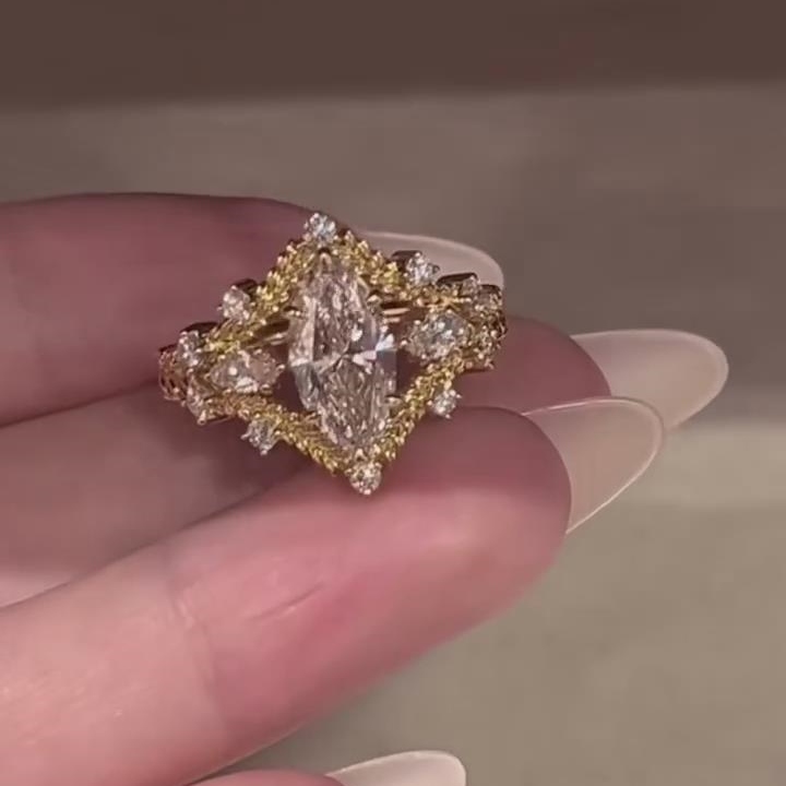 Vintage Marquise Cut Diamond White Sterling Silver Yellow Gold Engagement Ring