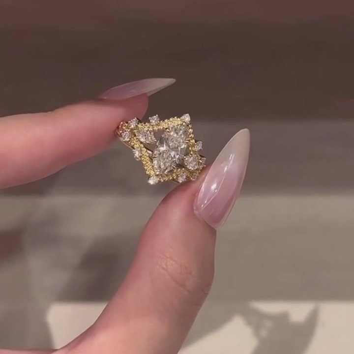 Vintage Marquise Cut Diamond White Sterling Silver Yellow Gold Engagement Ring