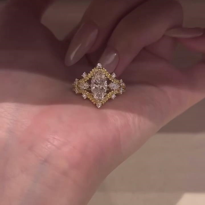 Vintage Marquise Cut Diamond White Sterling Silver Yellow Gold Engagement Ring