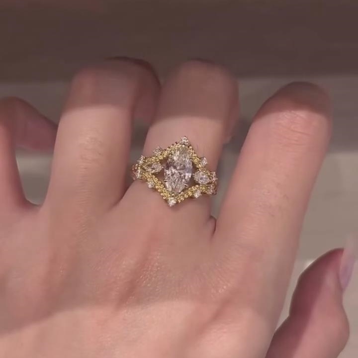 Vintage Marquise Cut Diamond White Sterling Silver Yellow Gold Engagement Ring
