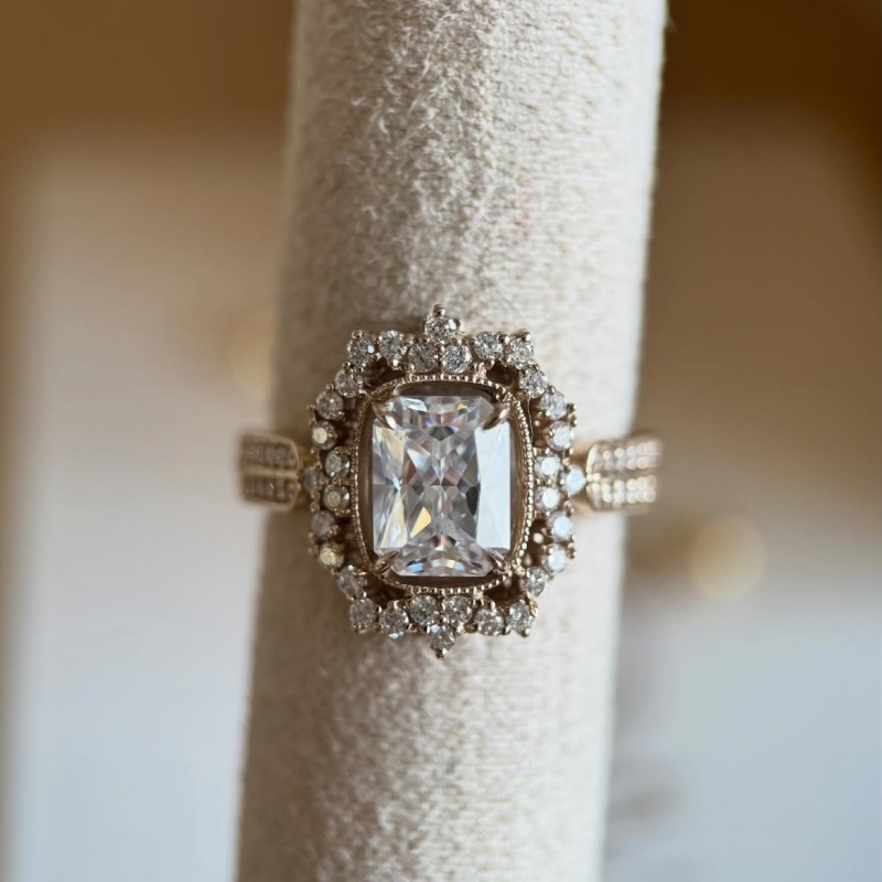 Radiant Cut Diamond White Sterling Silver Vintage Halo Engagement Ring