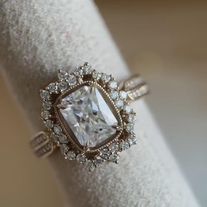 Radiant Cut Diamond White Sterling Silver Vintage Halo Engagement Ring