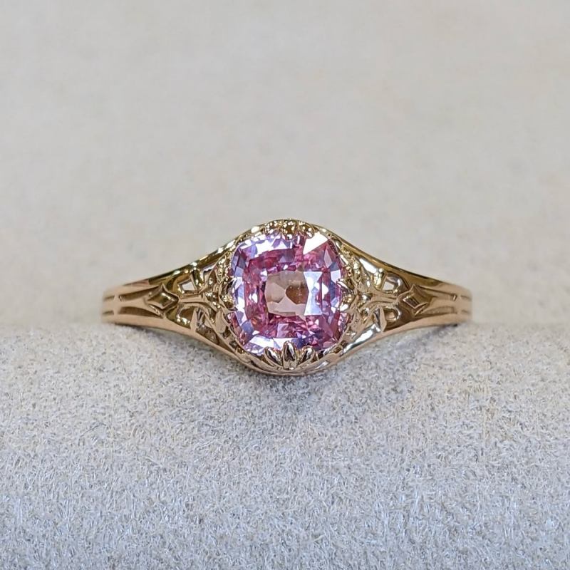 Cushion Cut Fancy Pink Sterling Silver Yellow Gold Vintage Engagement Ring