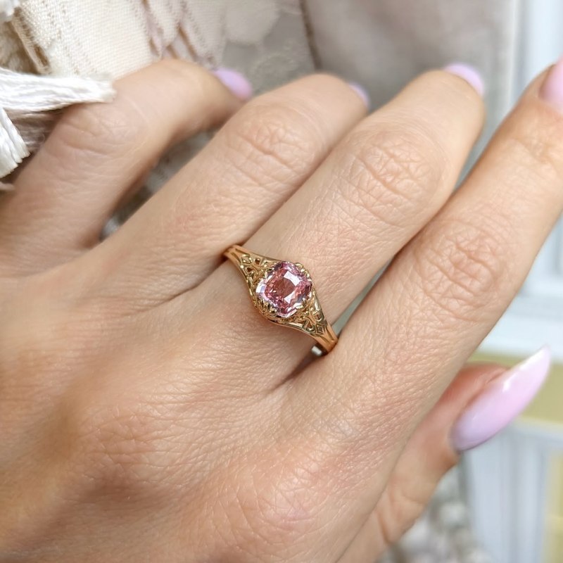 Cushion Cut Fancy Pink Sterling Silver Yellow Gold Vintage Engagement Ring