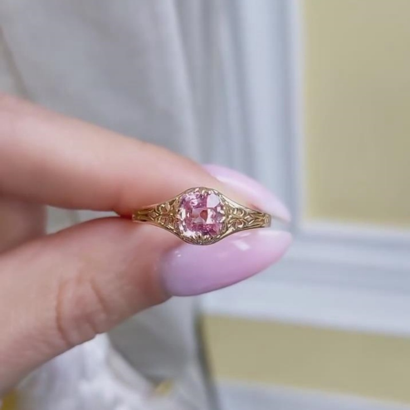 Cushion Cut Fancy Pink Sterling Silver Yellow Gold Vintage Engagement Ring