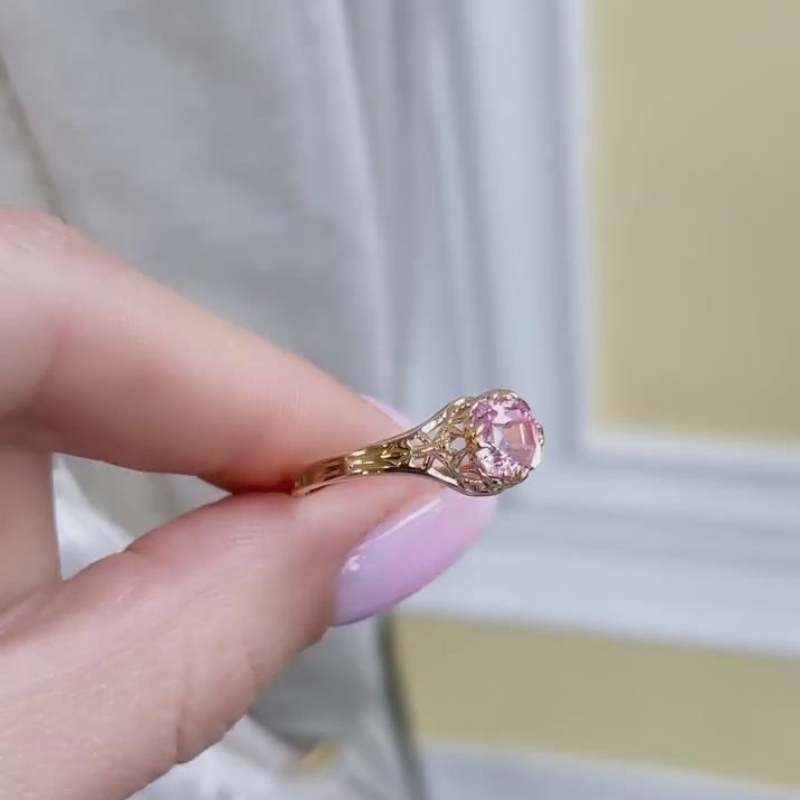 Cushion Cut Fancy Pink Sterling Silver Yellow Gold Vintage Engagement Ring