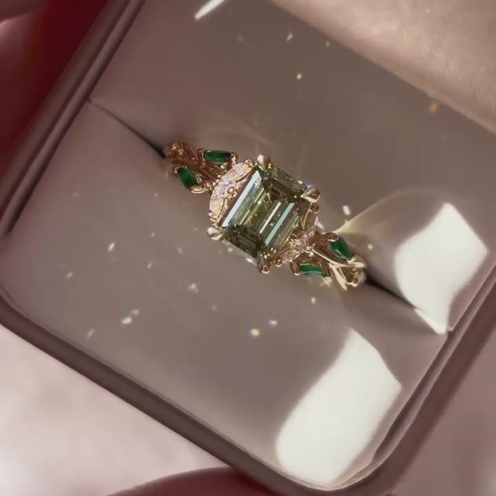 Emerald Cut Peridot Green 925 Sterling Silver Yellow Gold Leaf Engagement Ring
