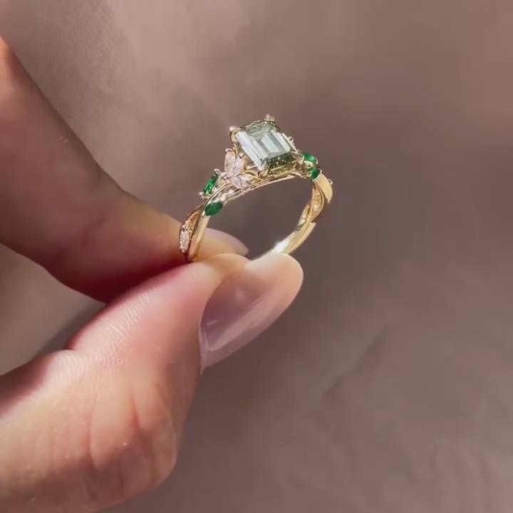 Emerald Cut Peridot Green 925 Sterling Silver Yellow Gold Leaf Engagement Ring