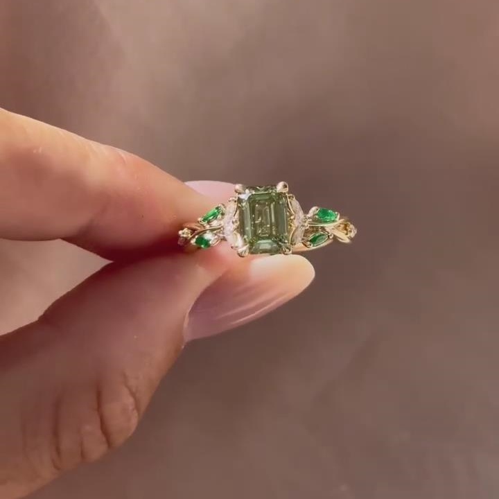 Emerald Cut Peridot Green 925 Sterling Silver Yellow Gold Leaf Engagement Ring