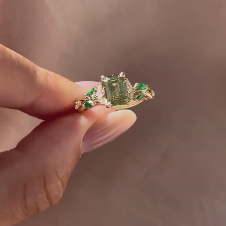 Emerald Cut Peridot Green 925 Sterling Silver Yellow Gold Leaf Engagement Ring