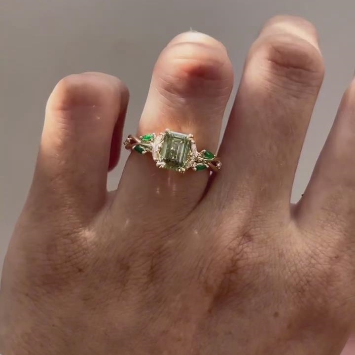 Emerald Cut Peridot Green 925 Sterling Silver Yellow Gold Leaf Engagement Ring